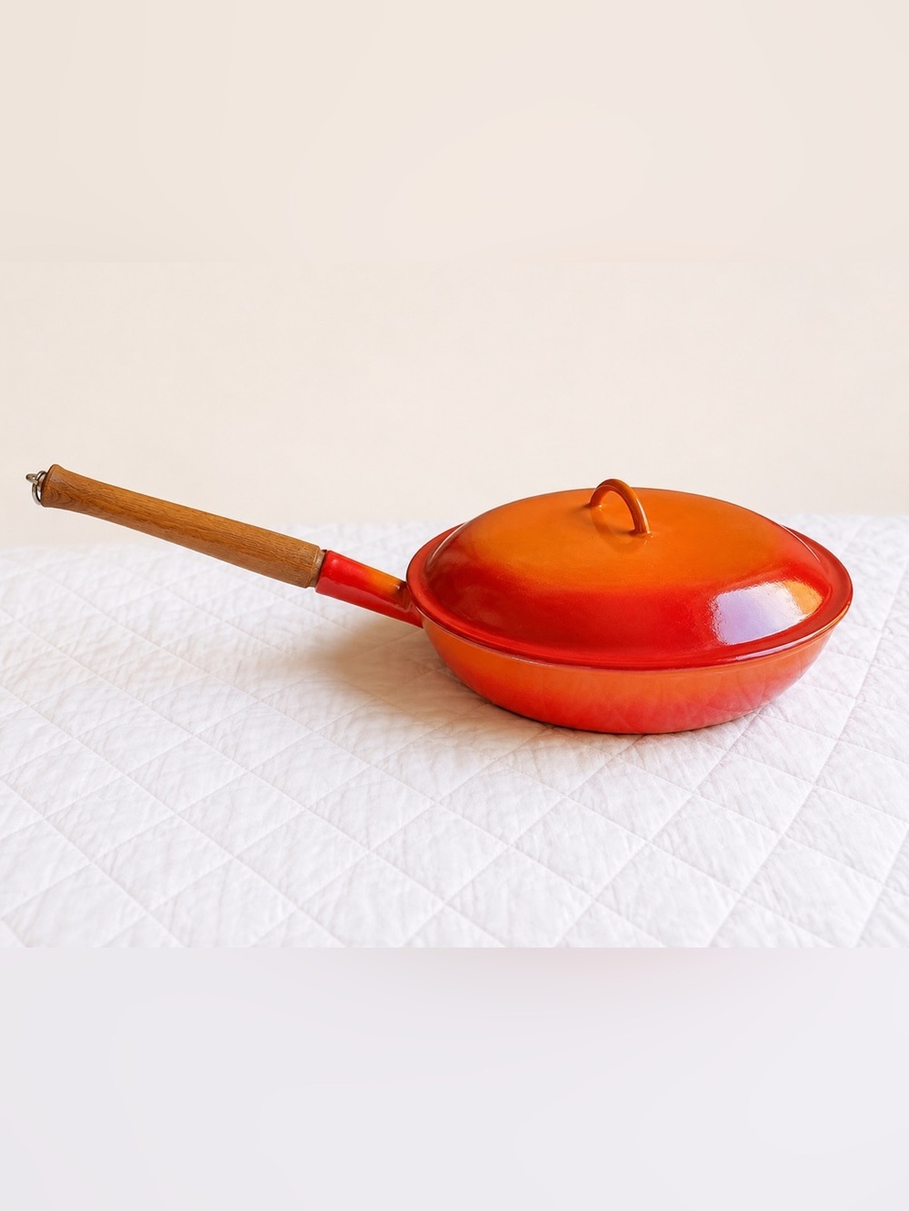 Vintage Belgian Orange Red Enamel Covered Skillet Fry Pan Wooden Handle 10.5”